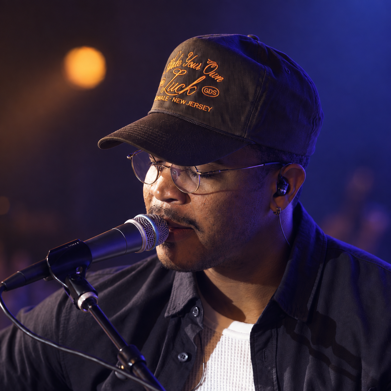 Shua is a singer and artist. A man wearing glasses and a black baseball cap with orange embroidery, singing into a microphone, with a dark background illuminated by warm and blue lights.