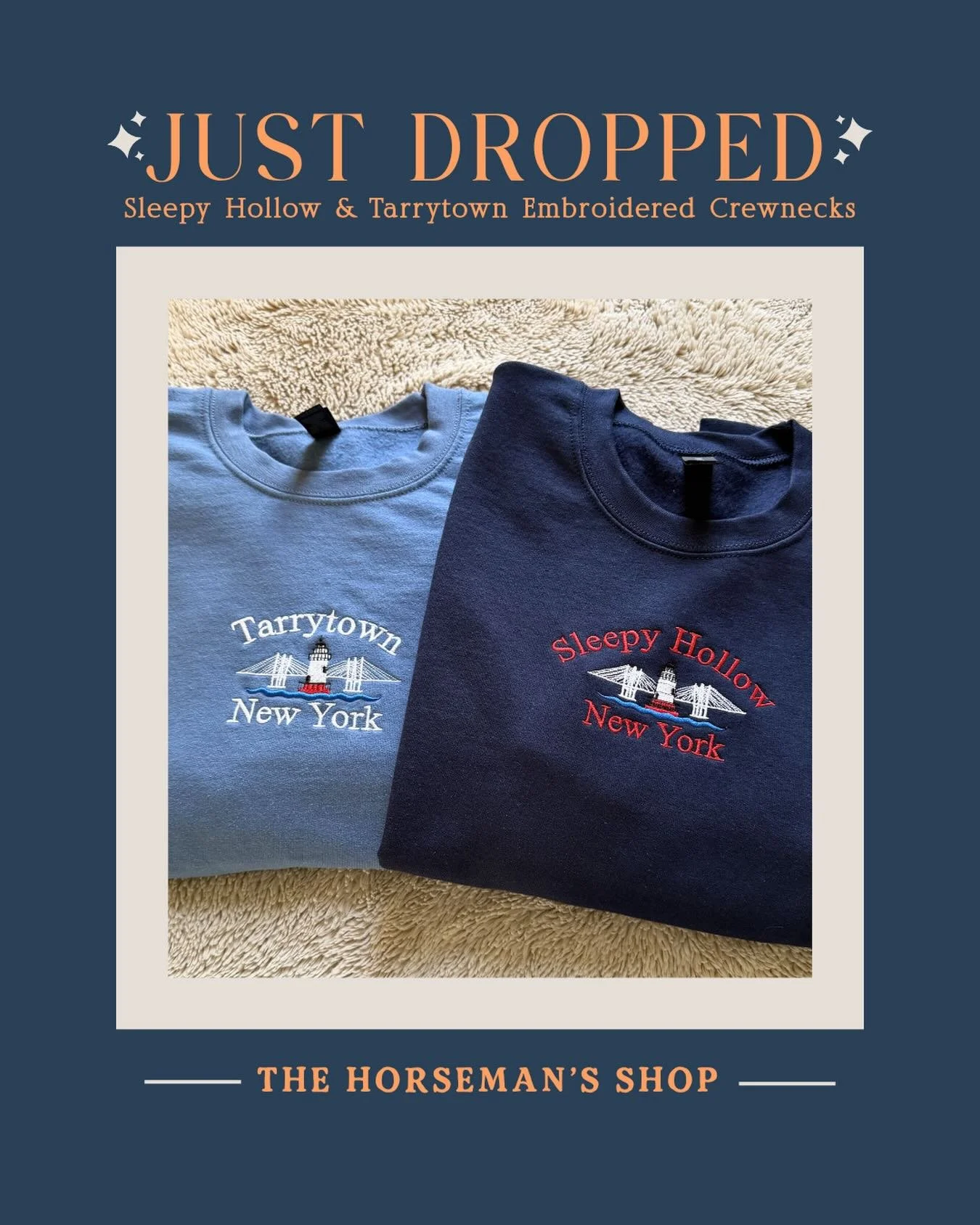 Spring usually means a little refresh&hellip; and we couldn&rsquo;t resist bringing something new in 🌿

After working on these for a bit, our embroidered Sleepy Hollow &amp; Tarrytown crewnecks are finally live on the site - something inspired by ou