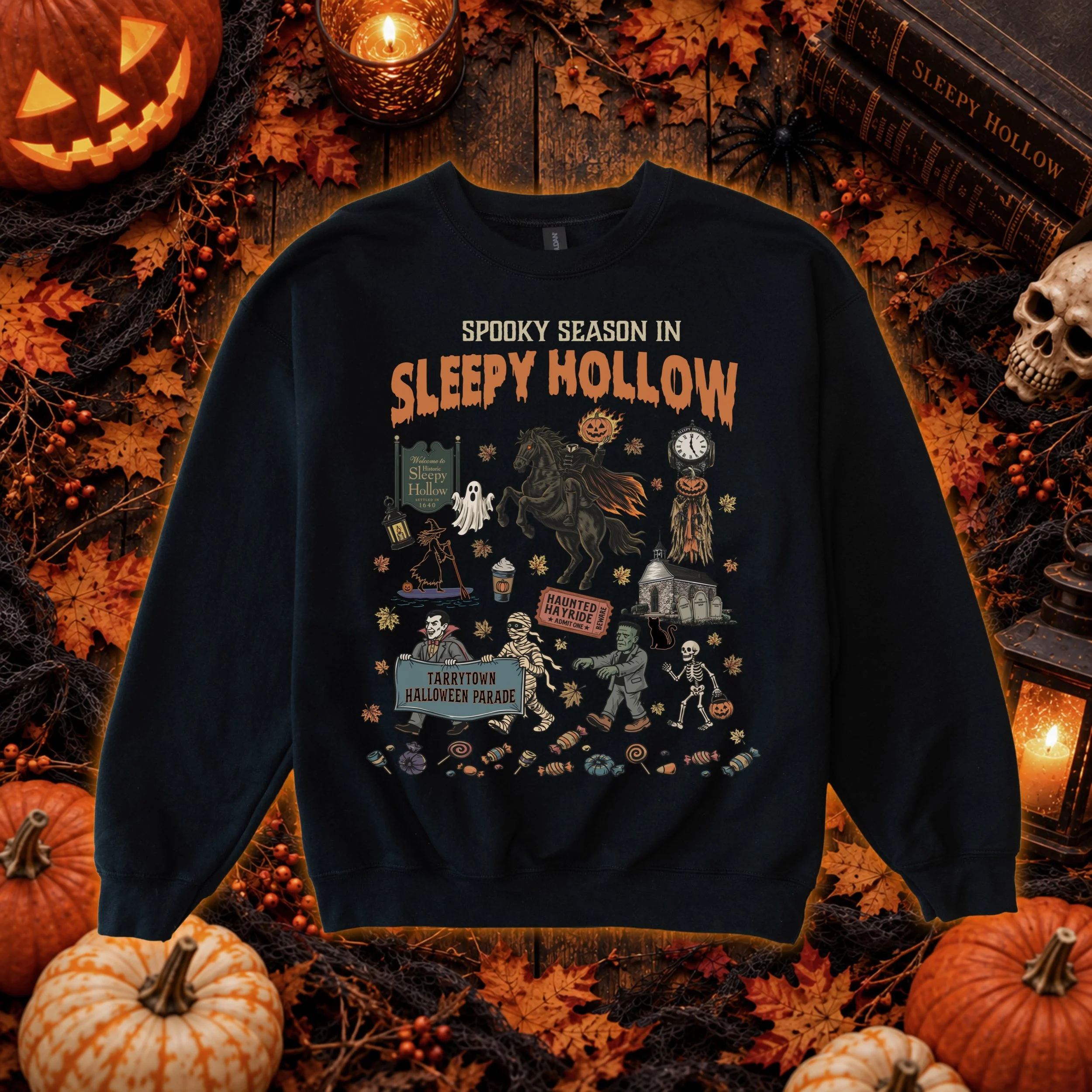 🎃 Spooky Season in Sleepy Hollow, all on one sweatshirt! 👻🍂

These were a HUGE hit at the SUP Witches Festival last weekend, and we&rsquo;re bringing more to the Sleepy Hollow Block Party this Saturday! 🧡 They&rsquo;re also available to order onl