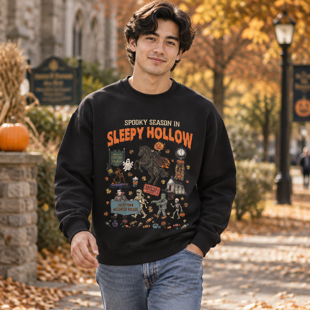 man wearing black Spooky Season in Sleepy Hollow Sweatshirt