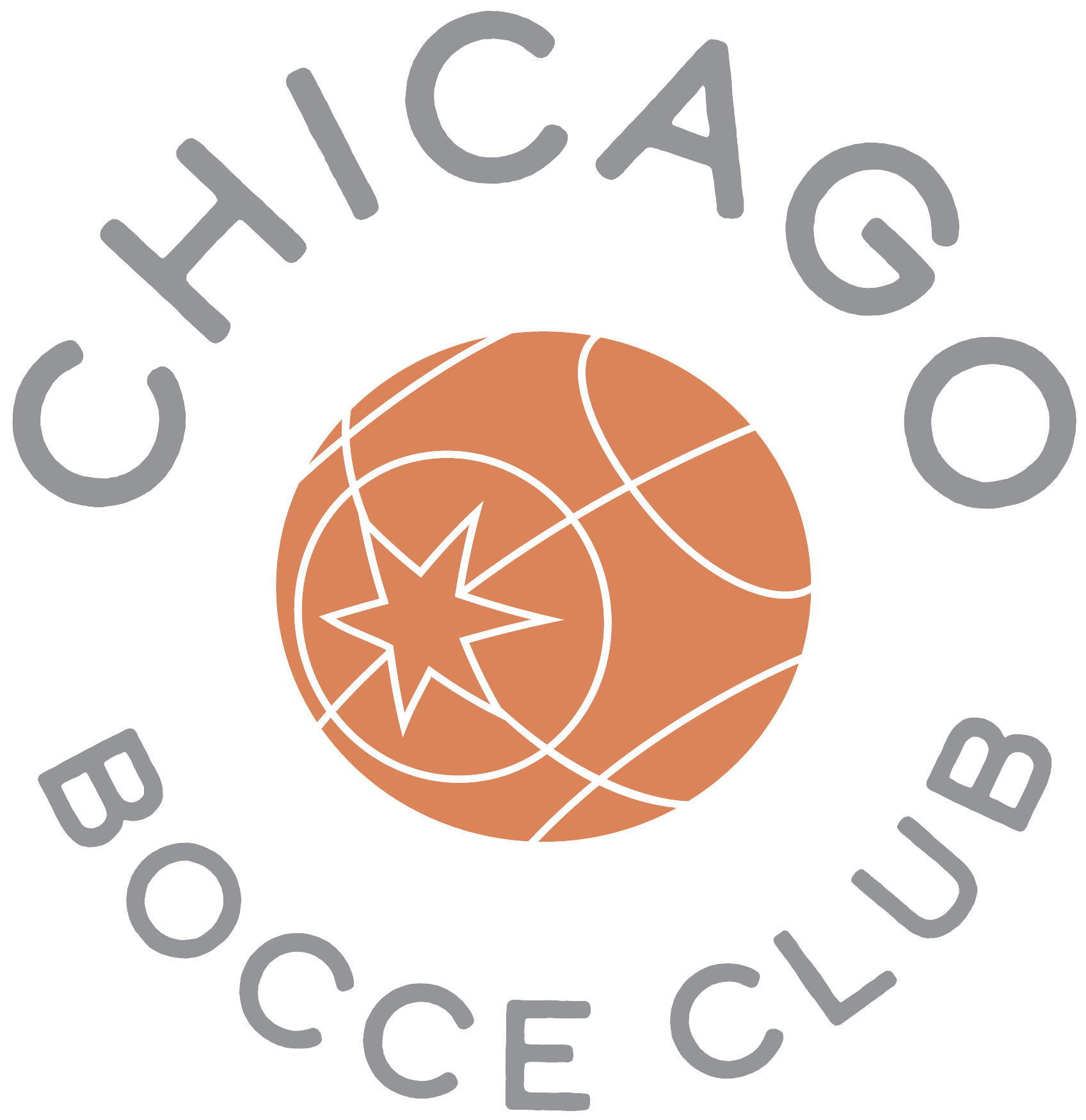 Logo of Chicago Bocce Club featuring orange ball with star and circular gray text.