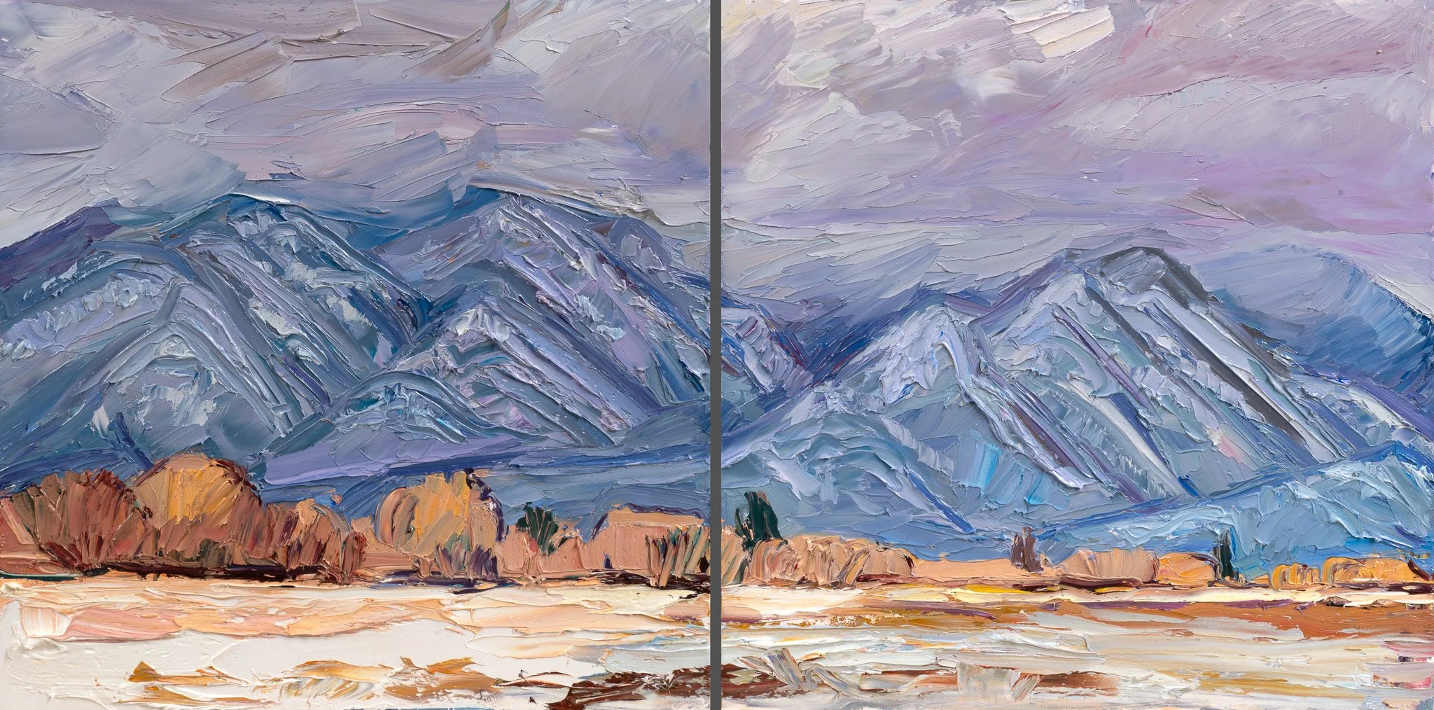 Taos Mountain - under the clouds • 12" x 24" • oil on two panels • private collection