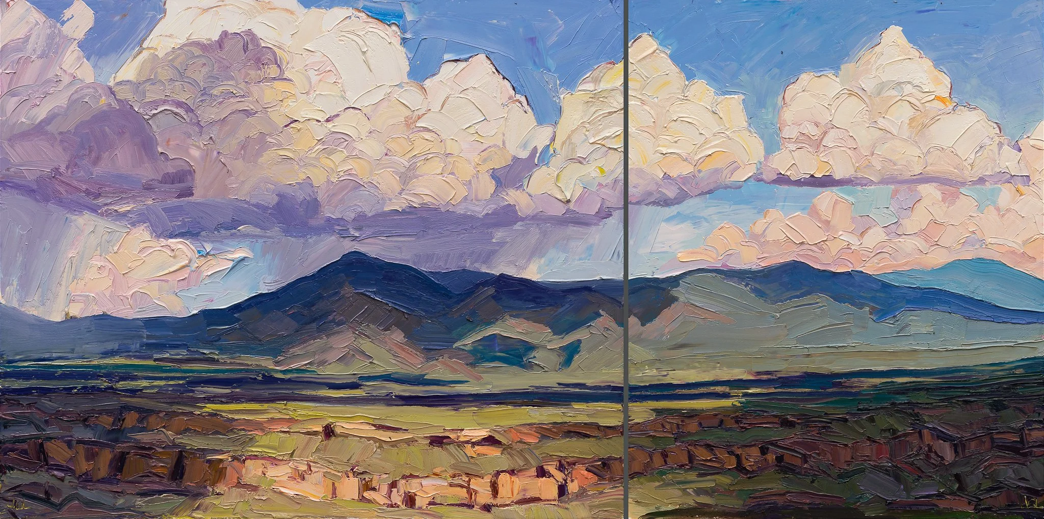 Wild Rivers - Storm over Lobo Peak • 30" x 60.5" diptych • oil on panel • private collection