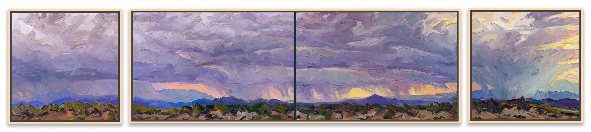 Evening in three movements • 24" x 125" quadtych, framed in three sections • oil on panel • private collection