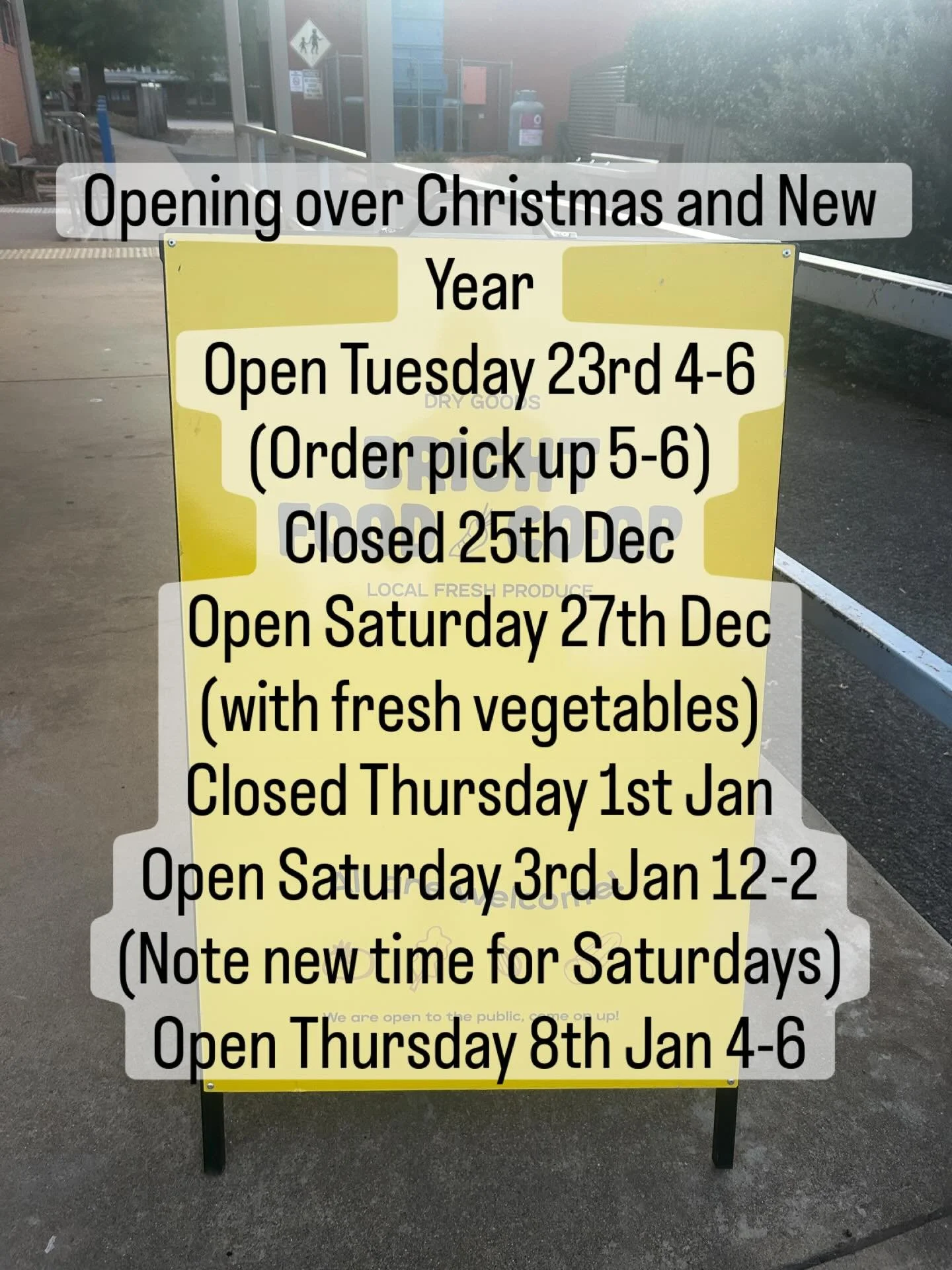 Co-op opening hours for the Christmas New Year period&hellip;&hellip;
Order cycle open Thursday 18th at 2pm and closes Saturday 20th December at 12 noon. Pick up Tuesday 23rd 5-6pm
Co-op shop open Saturday 20th December 10-12 (fresh vegetables availa