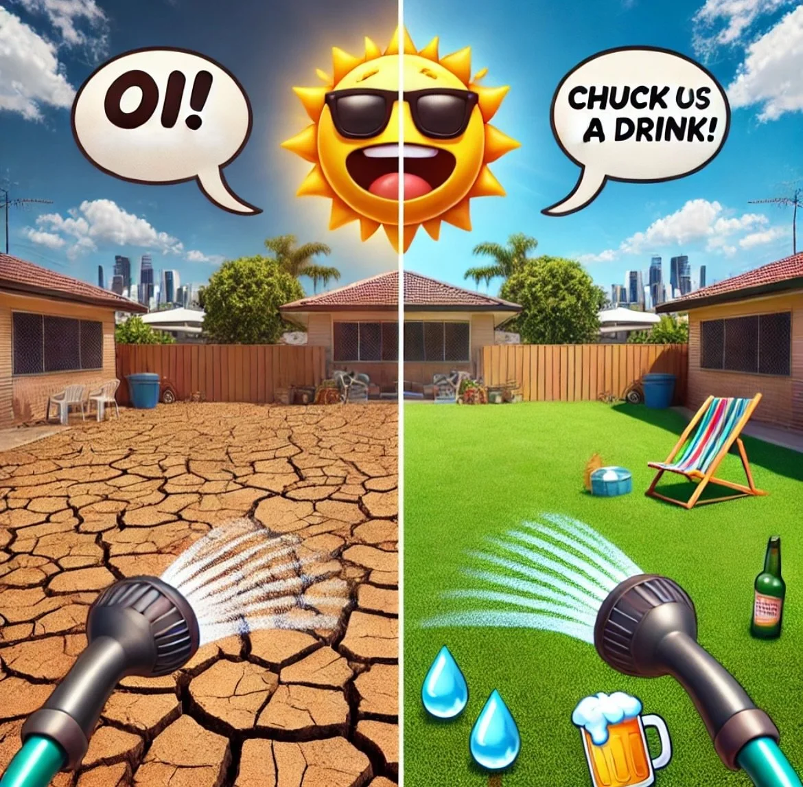 CRUNCHY LAWN? SHE’S THIRSTY, MATE. 💦☀️
This week’s a scorcher here in SEQ, and your lawn’s feelin’ it too. If it’s lookin’ crispy, dry, or patchy — that’s its way of yelling, “Oi! Chuck us a dri