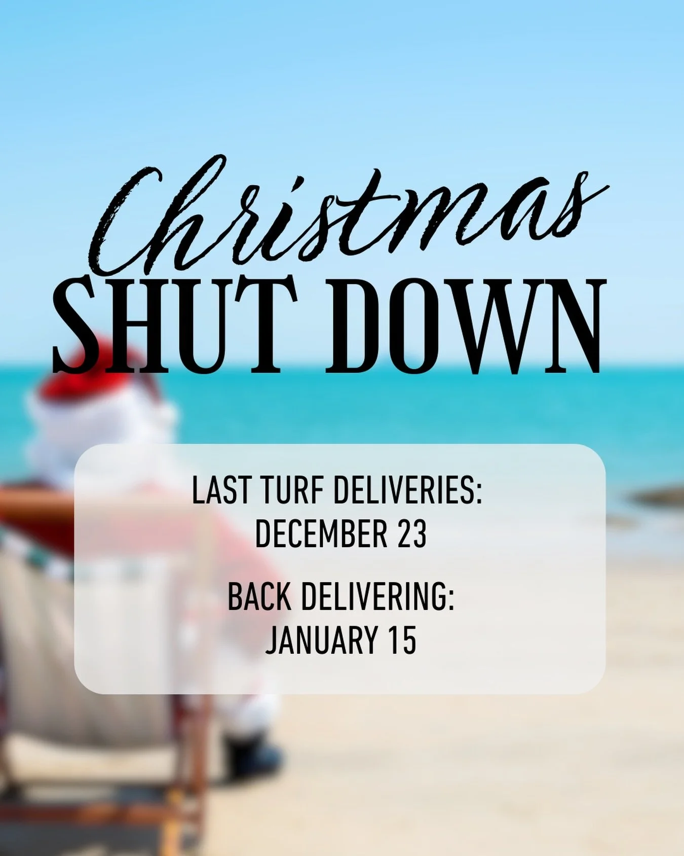 🎄 Christmas Shutdown Notice from The Turf Shed 🎄
Christmas is coming in hotter than a whipper snipper on full throttle, so here&rsquo;s our game plan.

Our Christmas shutdown:
&bull; Last turf deliveries: December 23
&bull; Back delivering: January