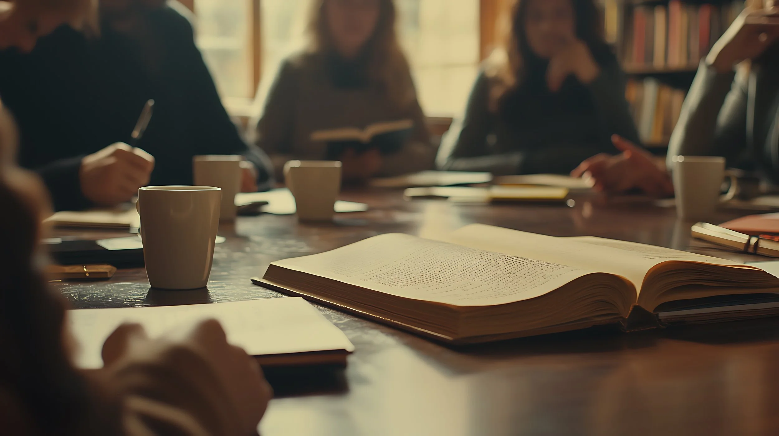 blurred image of a group of people sitting at a table doing an activity