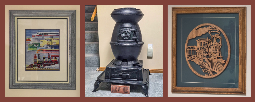 Artwork and pot belly stove.