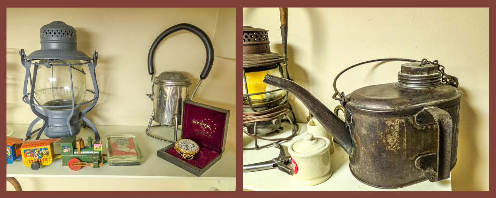 Lanterns,  playing cards, and oil can, all part of David Mills collection.