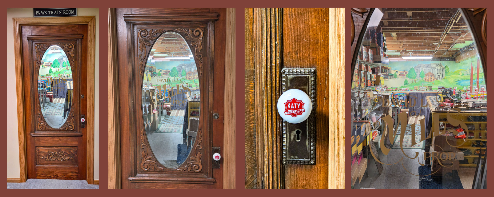 Ornate door leading into the train room.