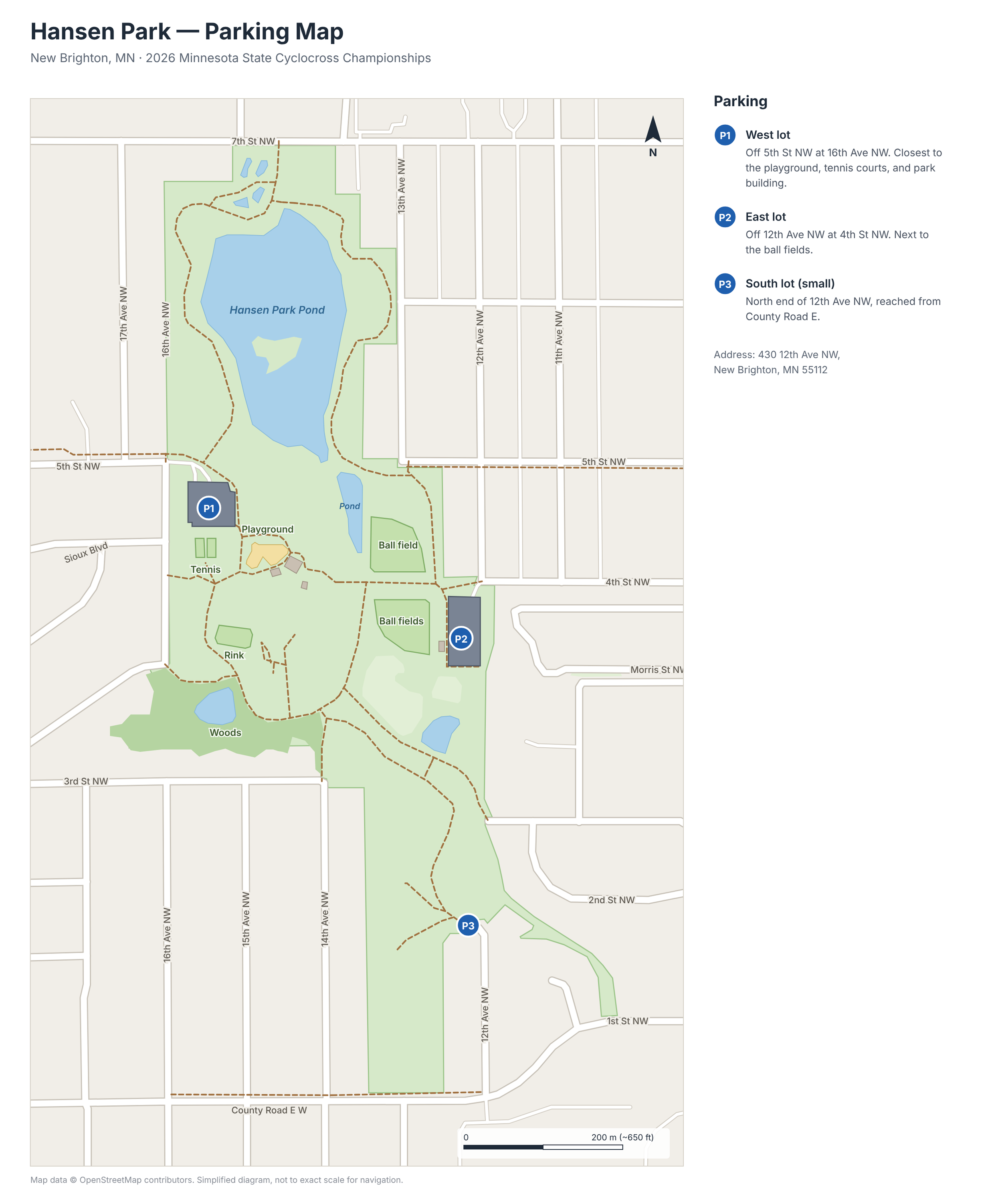 Hansen Park parking map showing the west, east, and south parking lots