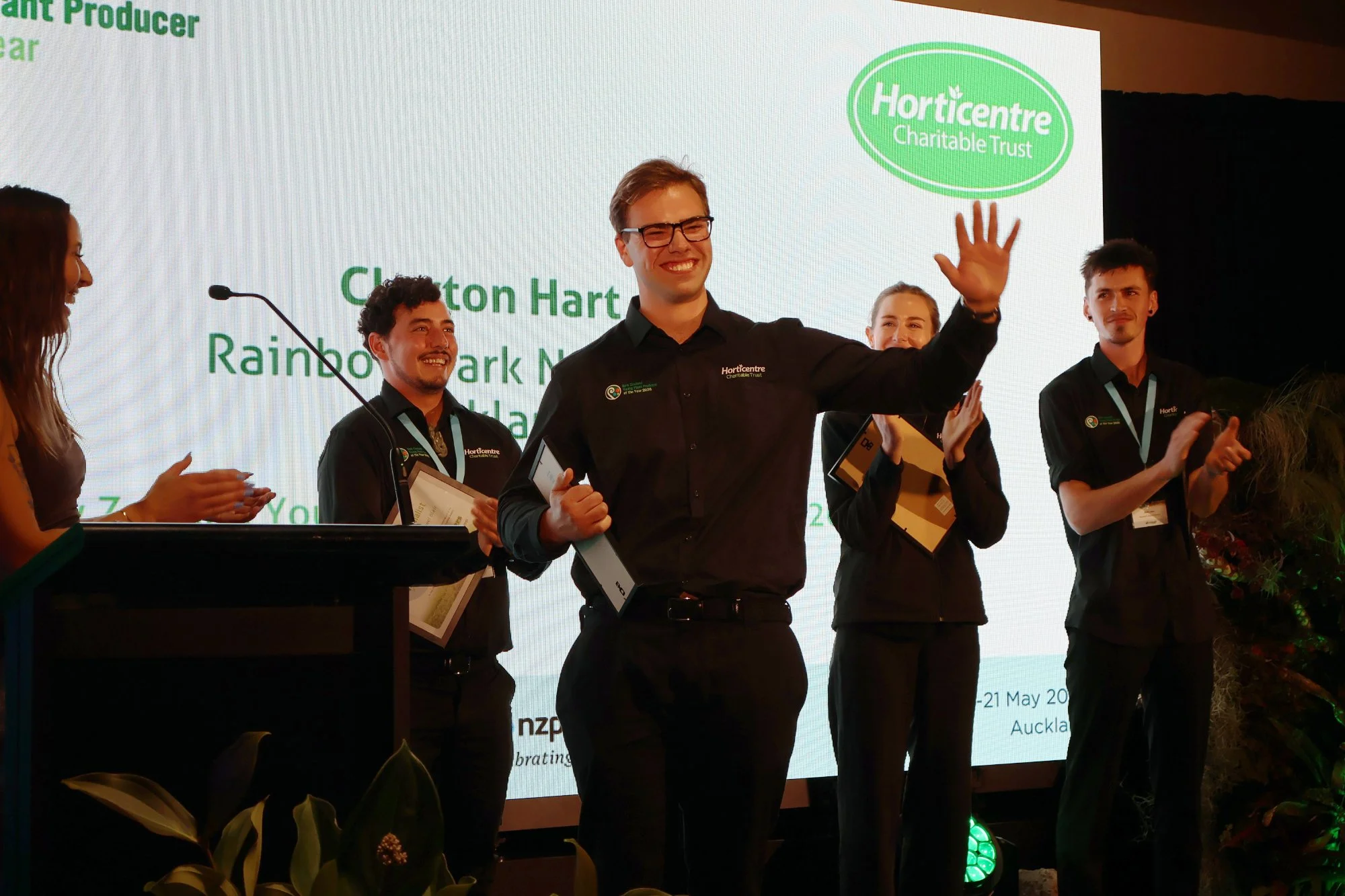 Clayton Hart from Rainbow Park Nurseries is announced the NZ Young Plant Producer of the Year 2026