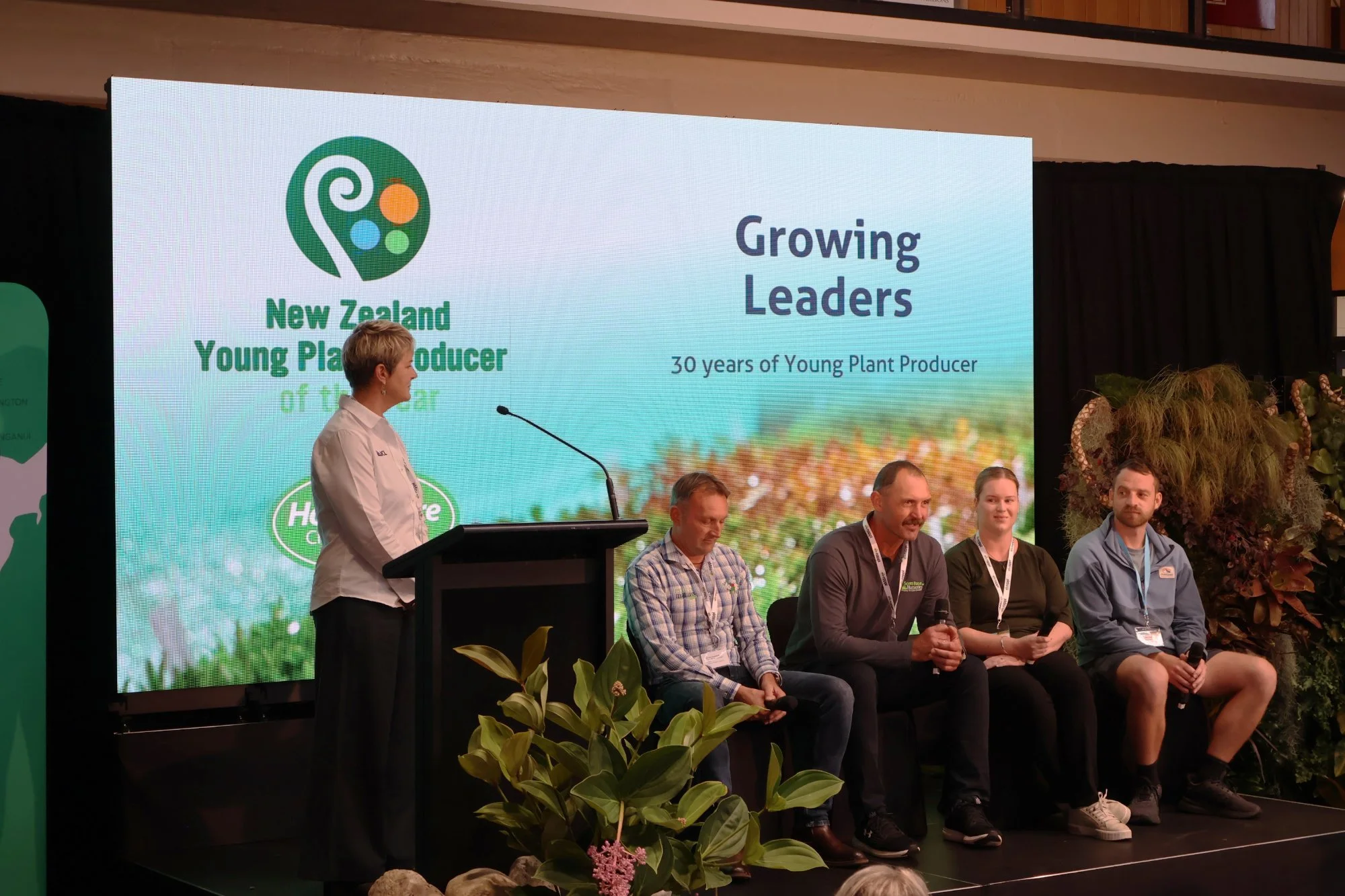 A panel of previous Young Plant Producers of the Year moderated by Nicola Rochester with Steve Burton, Michael Scott, Jacqui Jones and Jake Linklater, marking 30 years of the competition