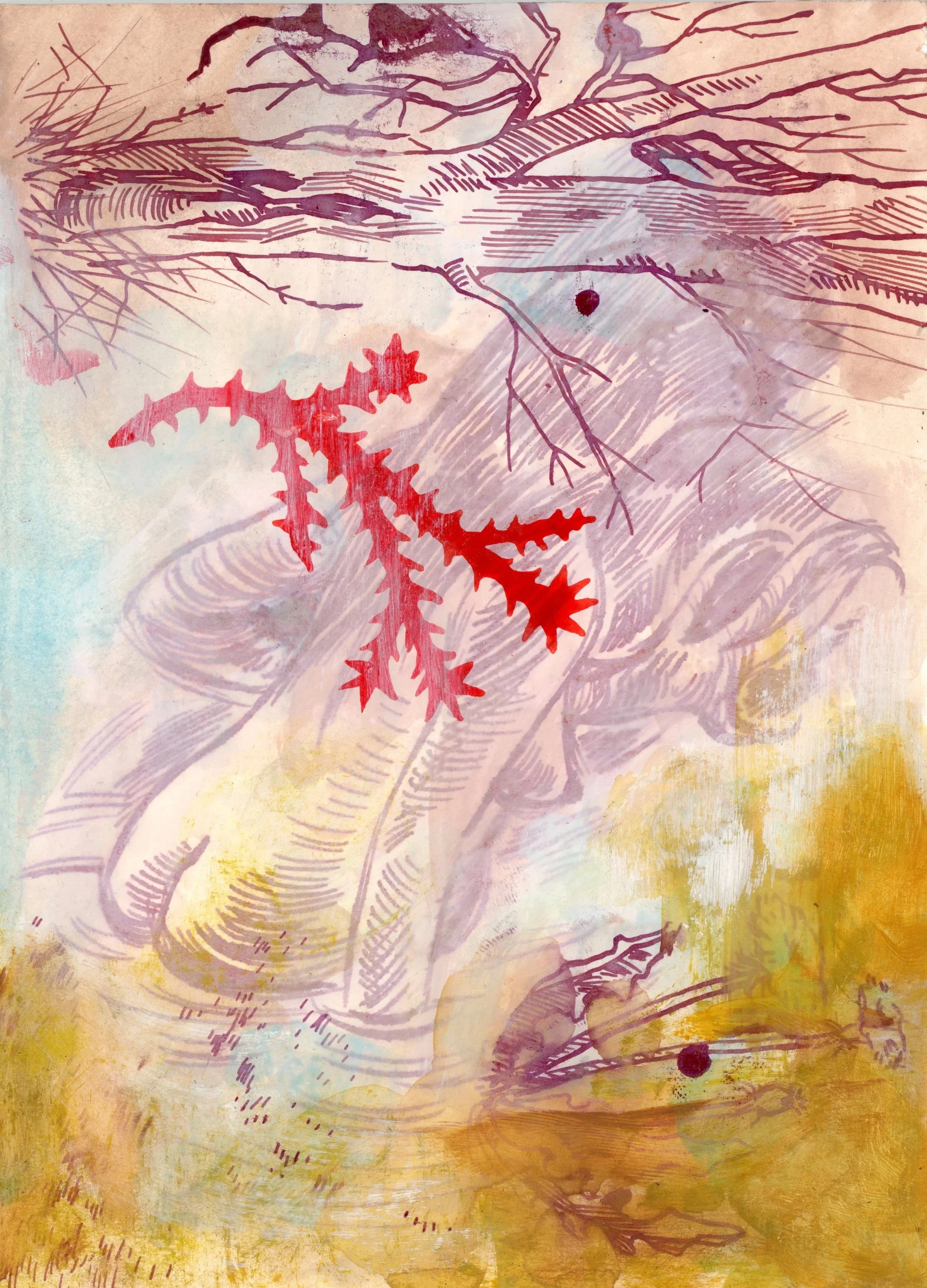 'Swamp Seeker', Mixed Media on paper, 5x7", 2025