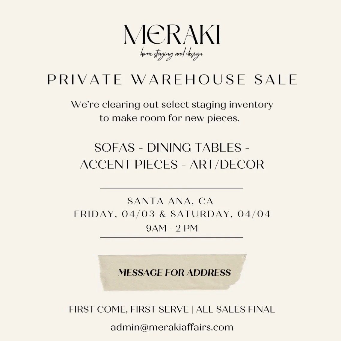 We&rsquo;re opening our warehouse to clear out select staging inventory. 
First come, first serve. Message for address.

📍Santa Ana, CA
🗓️ Friday, 4/3 and Saturday 4/4
⏰ 9AM-2PM