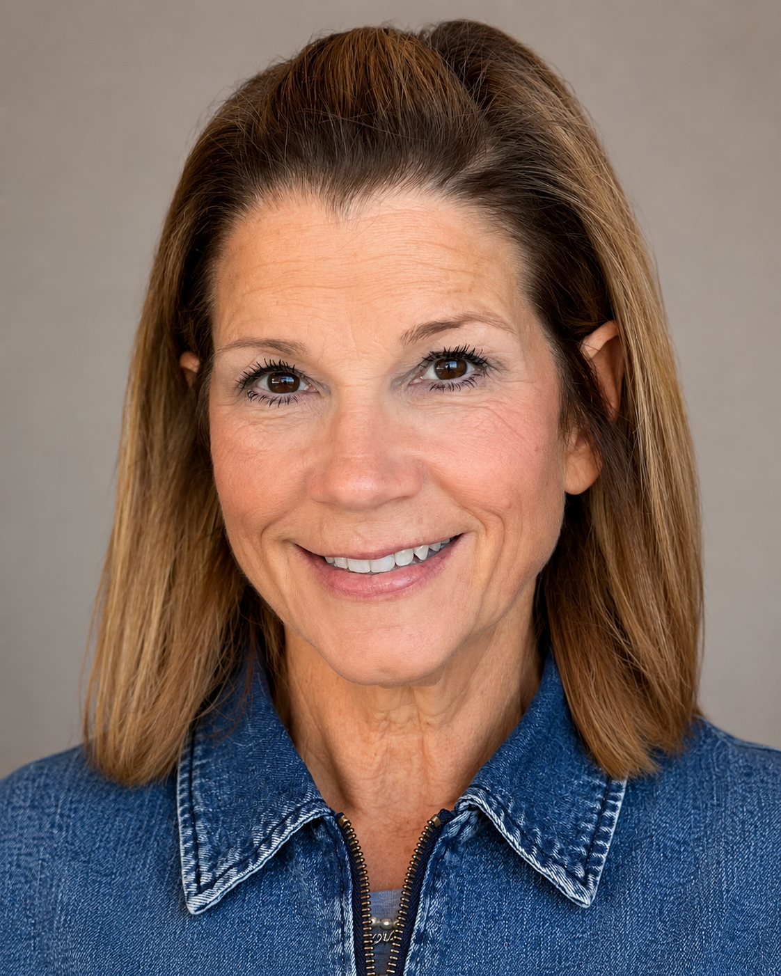 Close-up portrait of a middle-aged woman with shoulder-length light brown hair, smiling, wearing a blue denim jacket, against a neutral background.