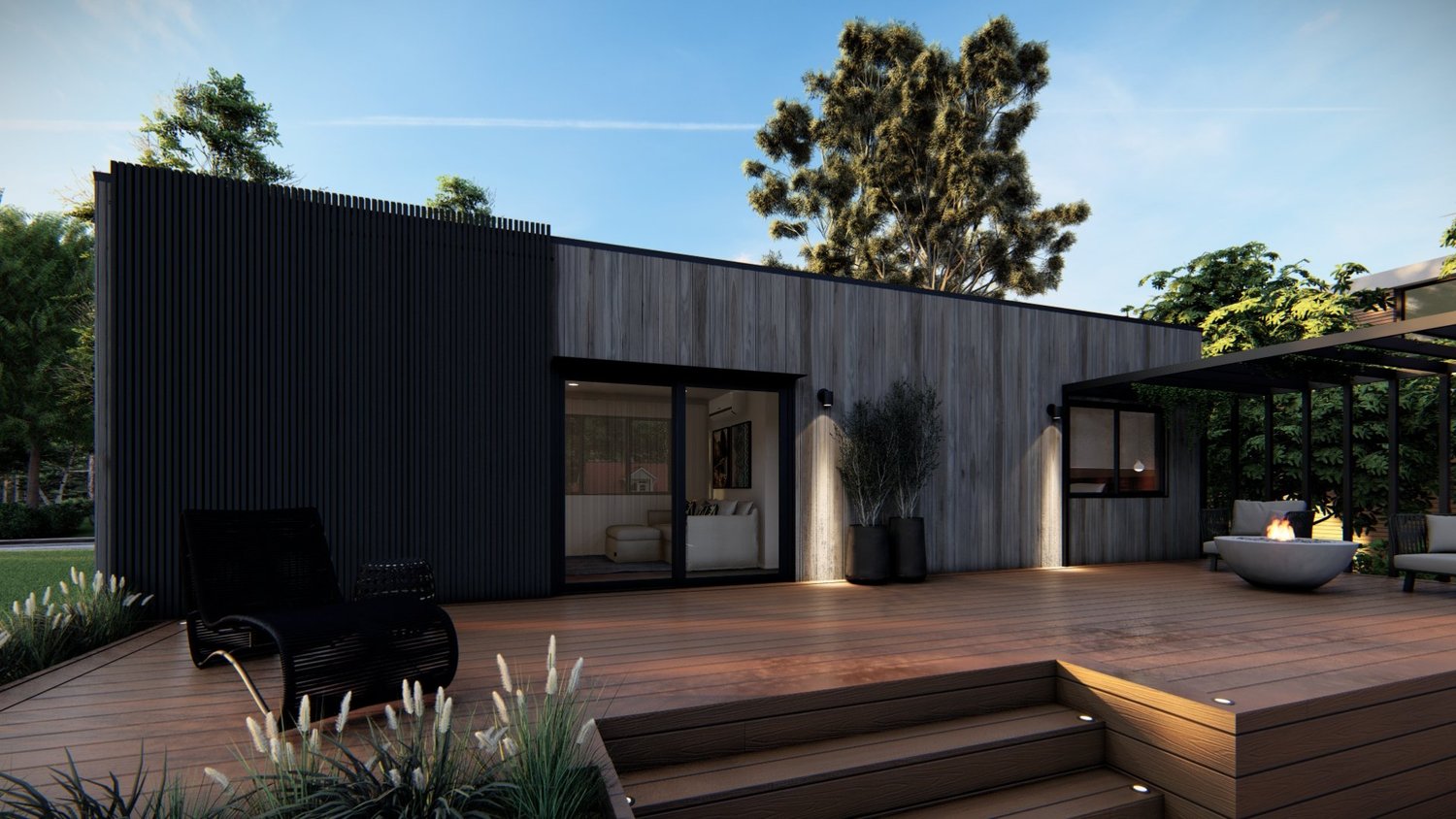 A Sunshine Tiny Houses modular home with a timber deck