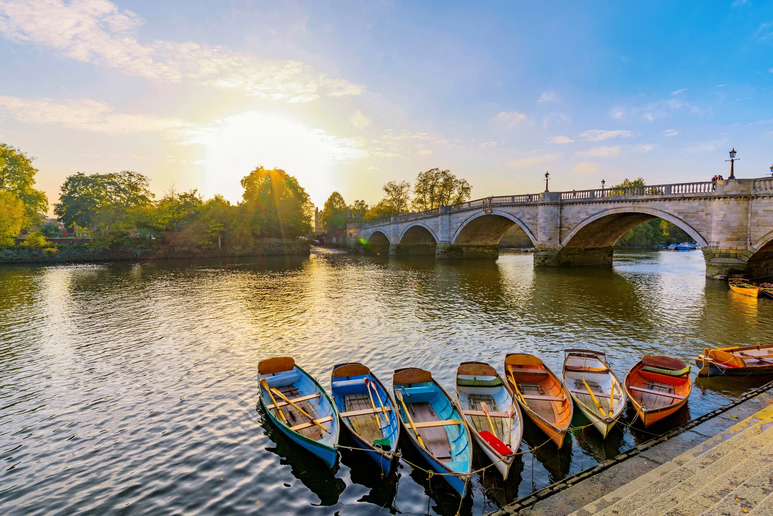 Richmond-upon-Thames, riverfront with boats, London, United Kingdom.