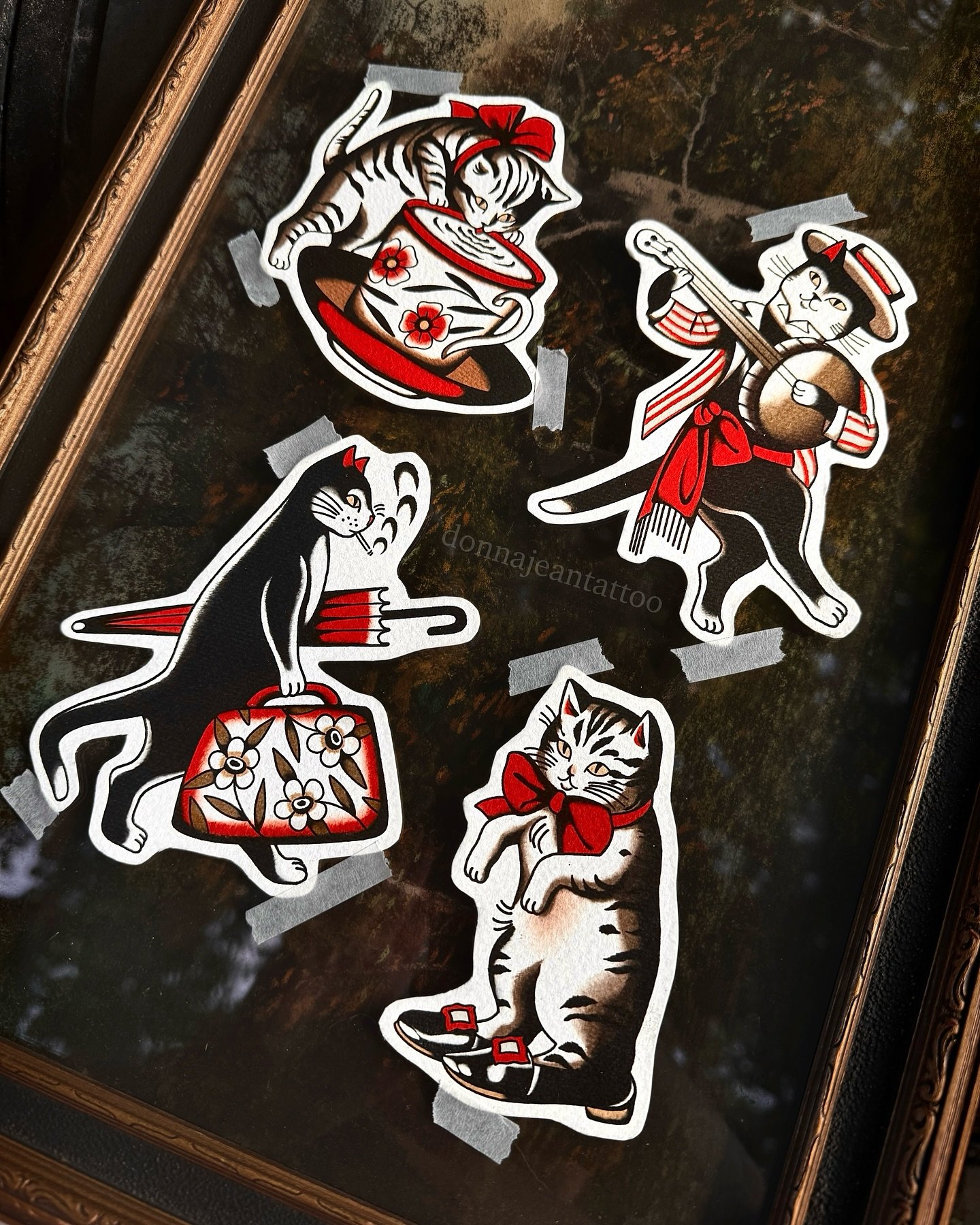 4 new antique postcard cat designs available to be tattooed this summer + my own 4 cats 🐈&zwj;⬛ &hearts;️
Booking for July &amp; August on June 15th: Check out the link in my bio

✁
#cattattoo #vintagetattoo #portlandtattoo #oregontattoo #washington