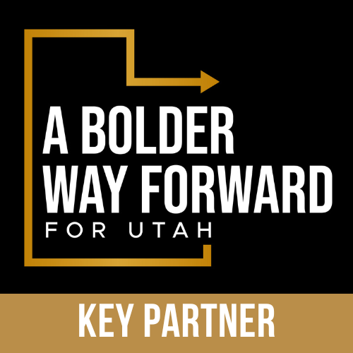 Logo with a stylized arrow and text reading 'A BOLDER WAY FORWARD FOR UTAH' and 'KEY PARTNER' at the bottom.