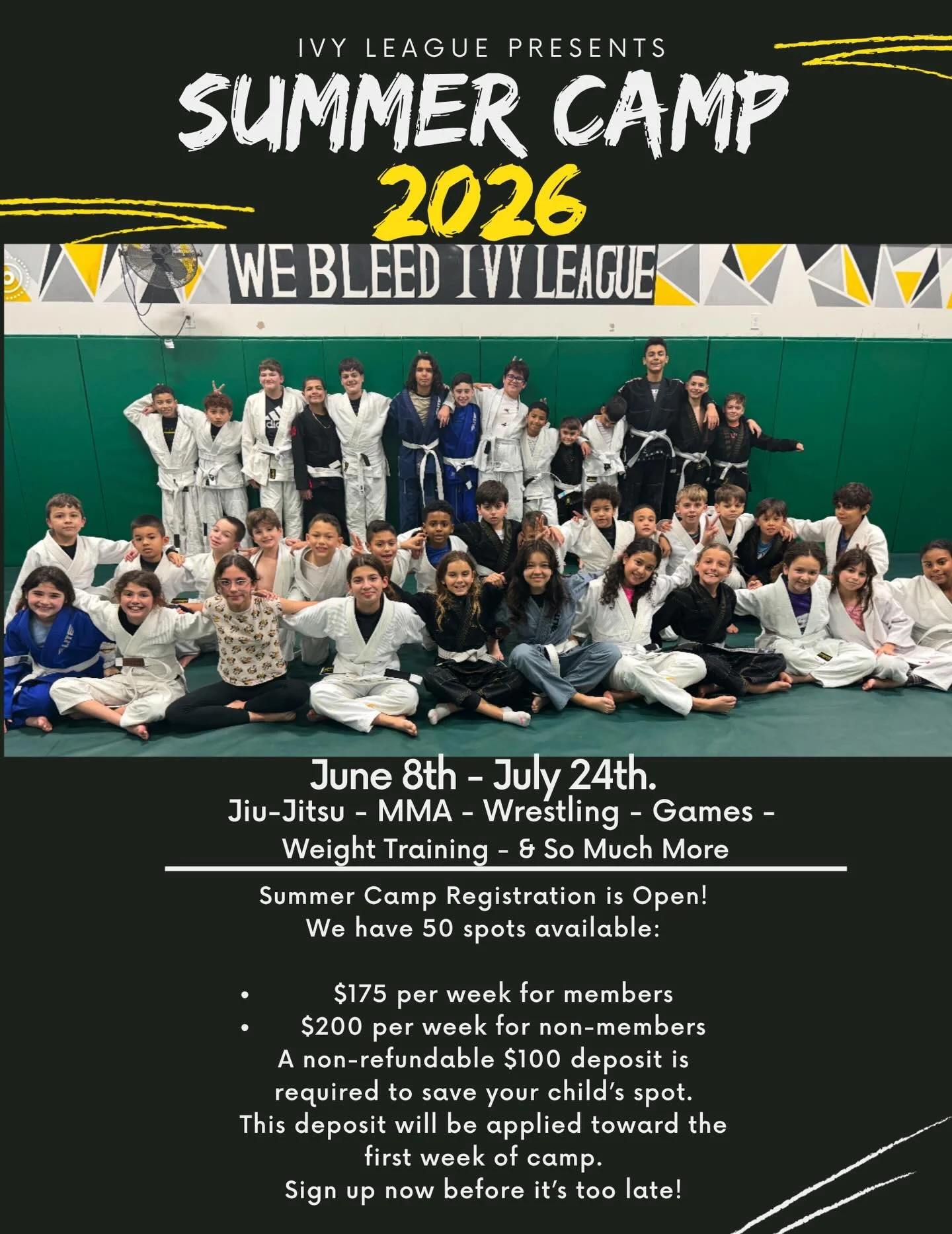 Looking for the perfect summer for your kids? ☀️
Our Summer Camp 2026 is officially OPEN and packed with fun, training, and nonstop activities! 💥

📅 June 8th &ndash; July 24th
🥋 Jiu-Jitsu | MMA | Wrestling | Games &amp; more
⚠️ Only 50 spots avail