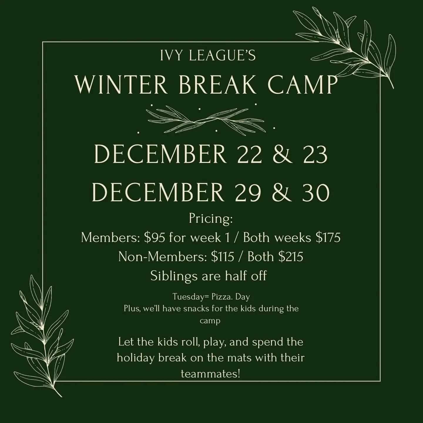 Monday: Gi
Tuesday: No-Gi

Kids should bring their water bottle, lunch, shoes, and a pillow each day.
Tuesdays are Pizza Day 🍕
Snacks will also be provided throughout camp.

Let the kids roll, play, and enjoy their winter break on the mats with thei