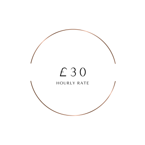 A white background with a partially open thin brown circle around the text. The text inside reads '£30 HOURLY RATE' in black.
