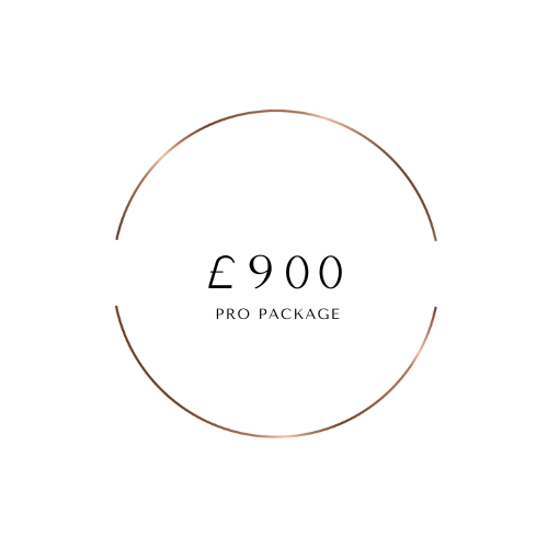 A minimalist graphic featuring a thin brown circle outline with text inside. The text reads '£900 PRO PACKAGE' with the currency and price in larger font above smaller text indicating the package type.
