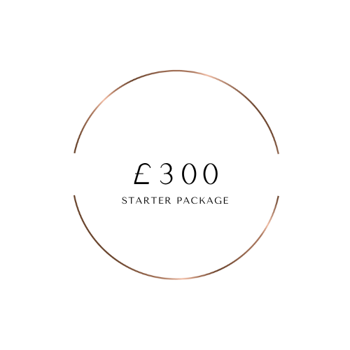 A circular design with a thin, brown outline and text inside that reads, "£300 Starter Package."