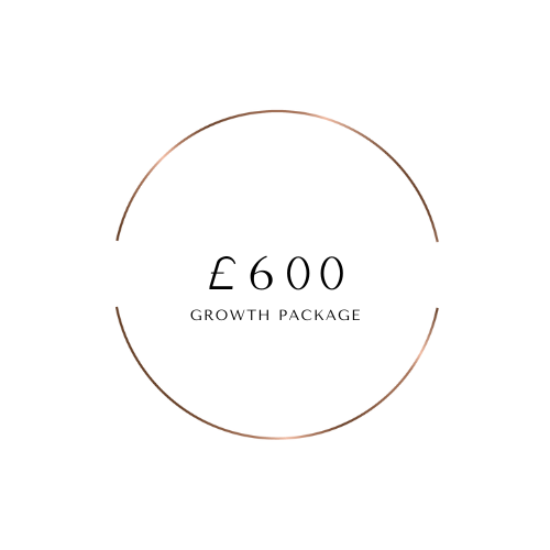 Circle graphic with a thin, brown outline. Inside, there is text that reads '£600' and below it, 'Growth Package', indicating a financial or promotional offer.