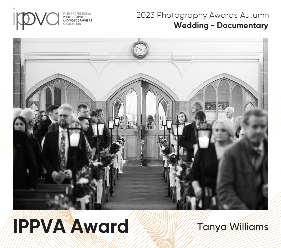 Award winning wedding photography photo , bridal party peeping onto the aisle.