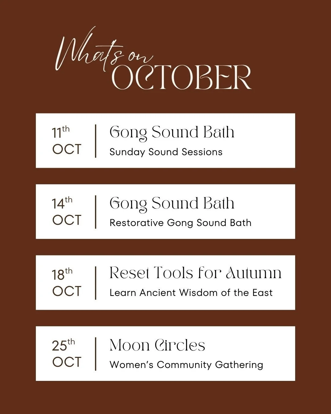 🍂 What's on at Chariclo in October 🍂

Gong Sound Baths 

We have added an extra Sunday sound session to our calendar this month. Join us from 6pm for a nurturing and restorative sound bath. 

Sunday 11th Oct | 6 pm - 7.30 pm
Wednesday 14th Oct | 7 