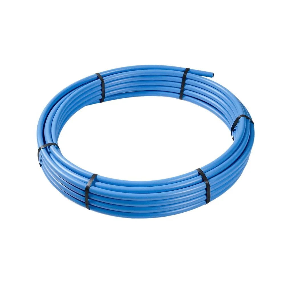 Coil of blue medium density polyethylene water pipe