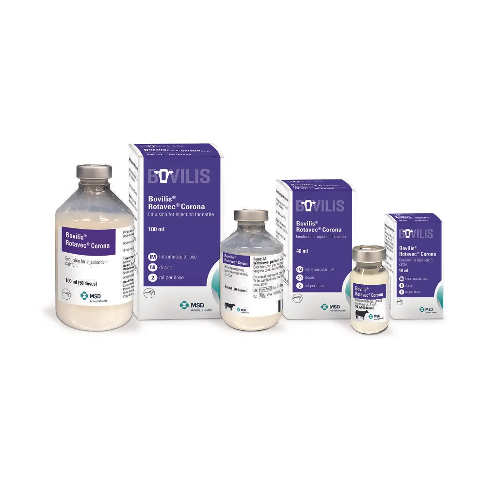 Animal Health / Cattle / Worm Control / Picture shows a bottle of the product Bovilis® Rotavec® Corona Emulsion for injection for cattle