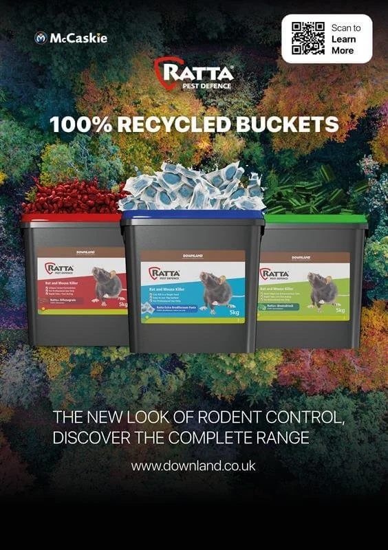 Downland Ratta flyer showing three rodent bait buckets in 100 per cent recycled packaging