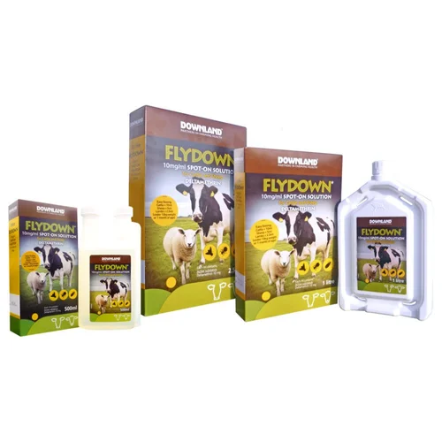 Flydown fly control range for cattle, group shot of the bottles