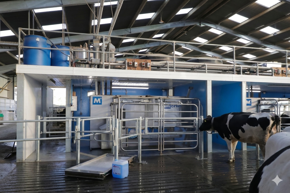 Two Fullwood Merlin robot boxes working in a Scottish dairy shed, a Holstein cow walking into the nearer one