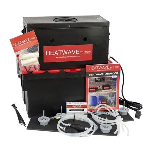 The Pyon Heatwave milk warmer kit: a black insulated box with the red Heatwave by Pyon label, with the handbook, lamb teats and feed tubing laid out in front