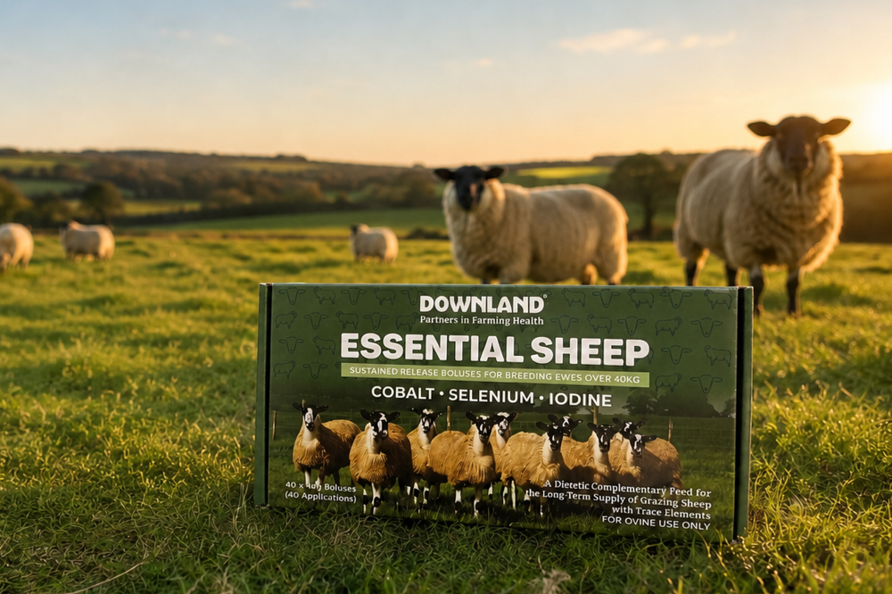A Downland Essential Sheep bolus pack set in front of ewes grazing at sunset