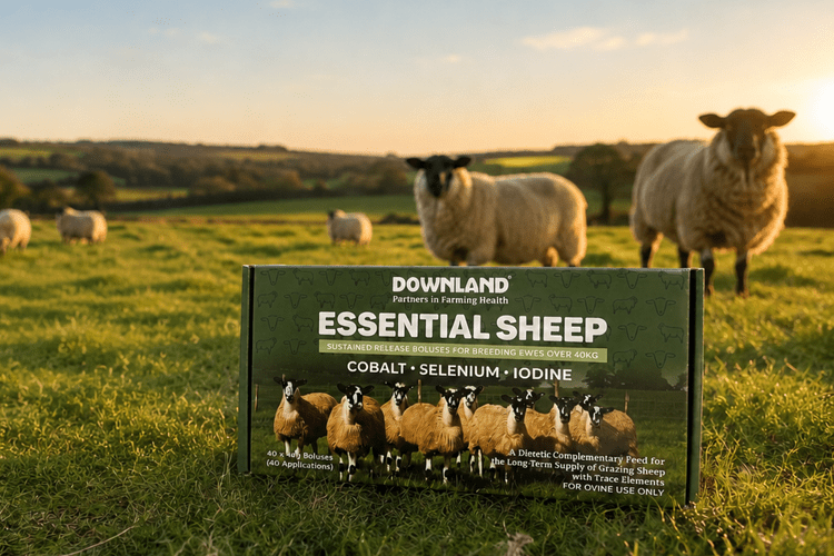 A Downland Essential Sheep bolus pack set in front of ewes grazing at sunset