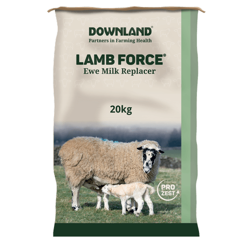 A 20kg bag of Downland Lamb Force ewe milk replacer, with a ewe and lamb on the front