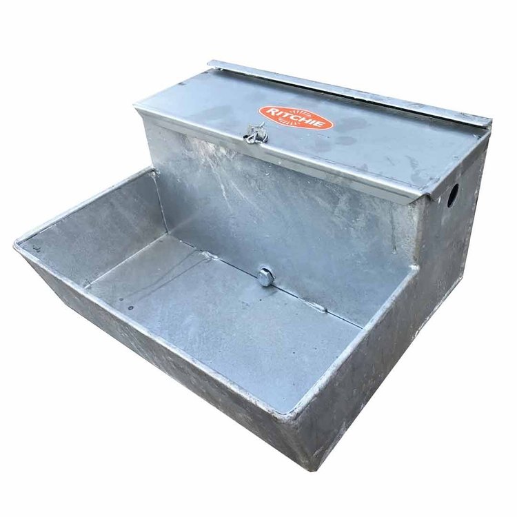 Ritchie All Purpose galvanised steel livestock drinker with hinged lid over the ballcock