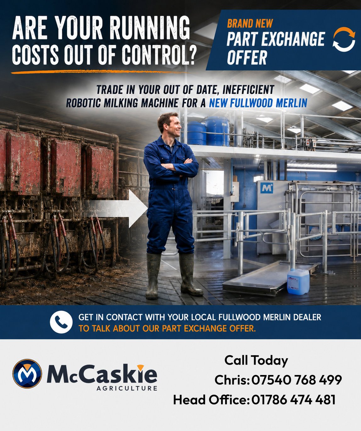 Dairy Farmer pleased with his decision to switch to a new Fullwood Merlin milking system with the McCaskie Part exchange offer