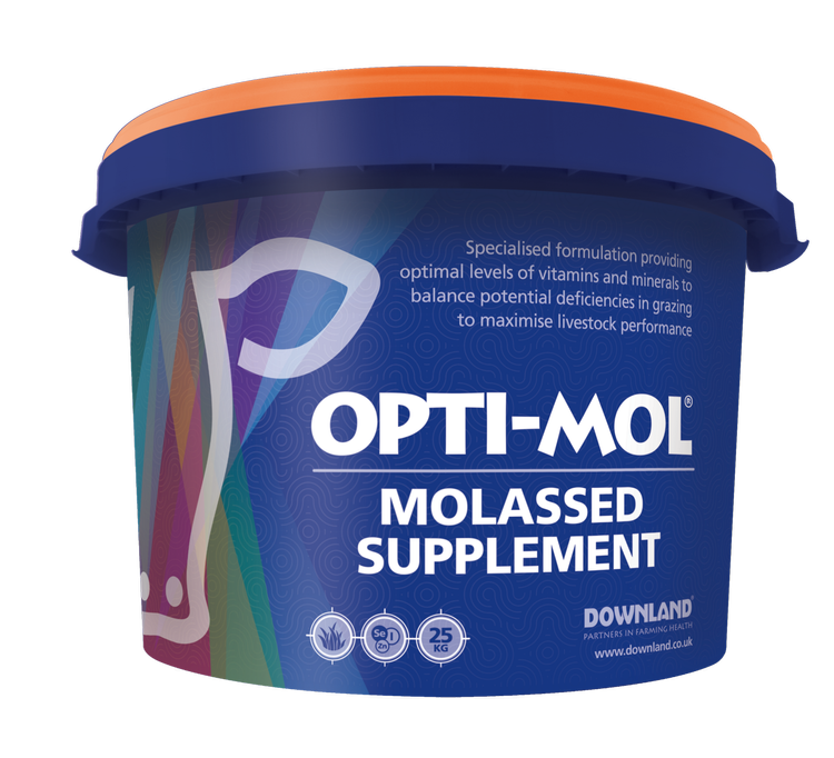 A tub of Downland Opti-Mol Cattle GP molassed supplement