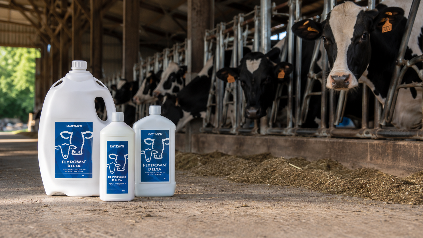 Flydown Delta pour-on fly control containers in 500ml, 1 litre and 2.5 litre sizes in a cattle shed