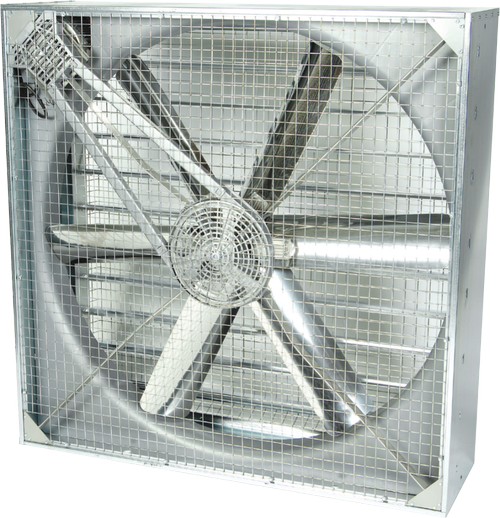 Belt driven HV hanging fan for livestock shed ventilation, galvanised housing with stainless steel impeller