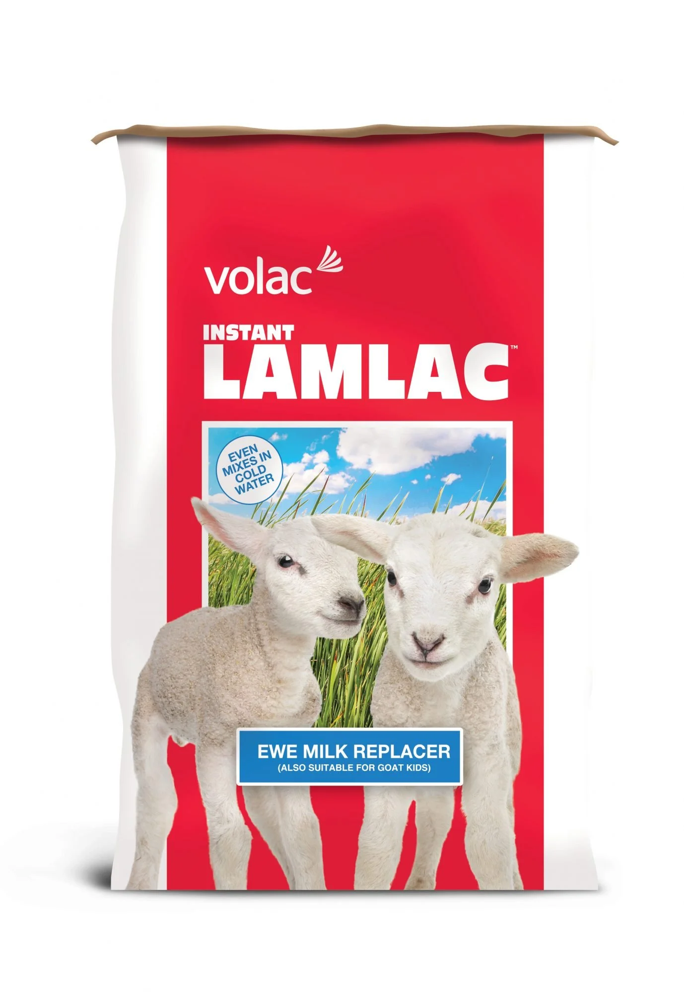 Package of Volac instant Lamlac Ewe Milk Replacer with two lambs on the front and a grassy field background.
