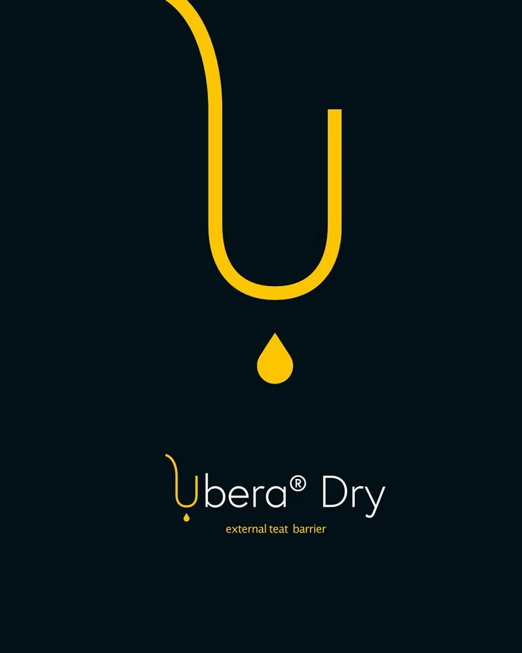 Ubera Dry branding — a gold droplet mark on a dark navy panel