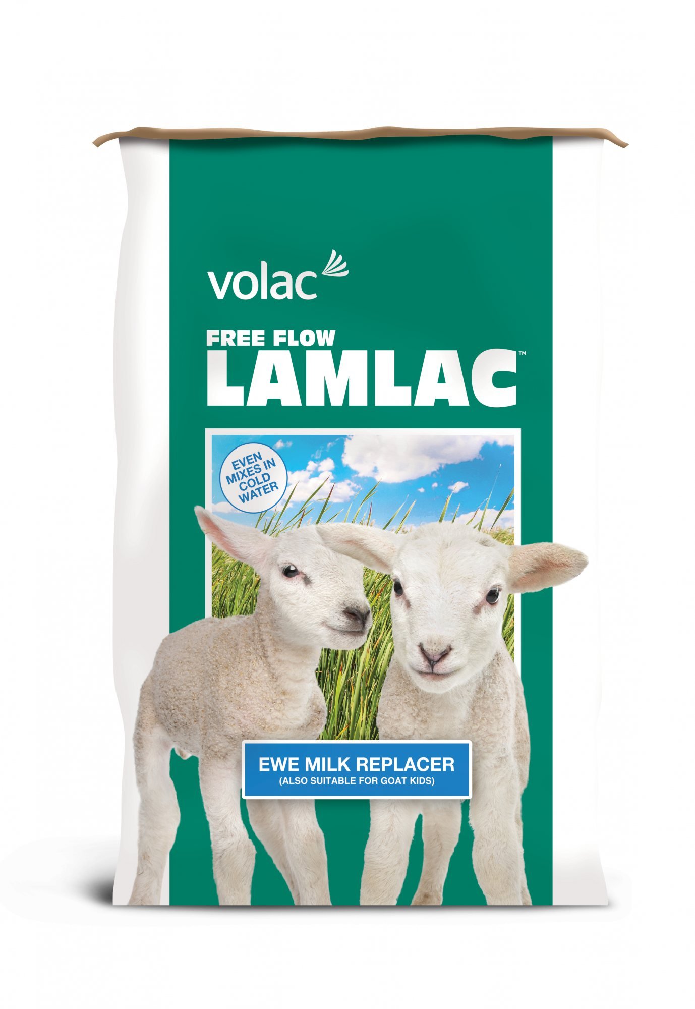 Package of Volac Free Flow Lamlac Ewe Milk Replacer with two lambs in front of a grassy field and blue sky, indicating it is suitable for goat kids and mixes in cold water.